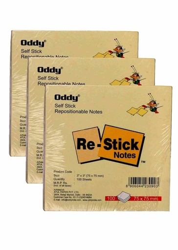 [E-COM96] Oddy '3 x 3' Self Stick Repositionable Note Pad 100 Sheets (Set of 10)
